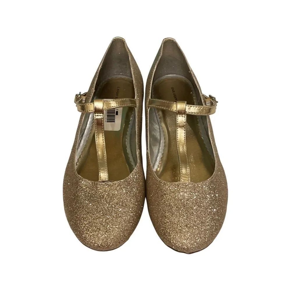 LANDS' END Girls'  Sparkly Gold Mary Jane T Strap Dress Shoes Size 6